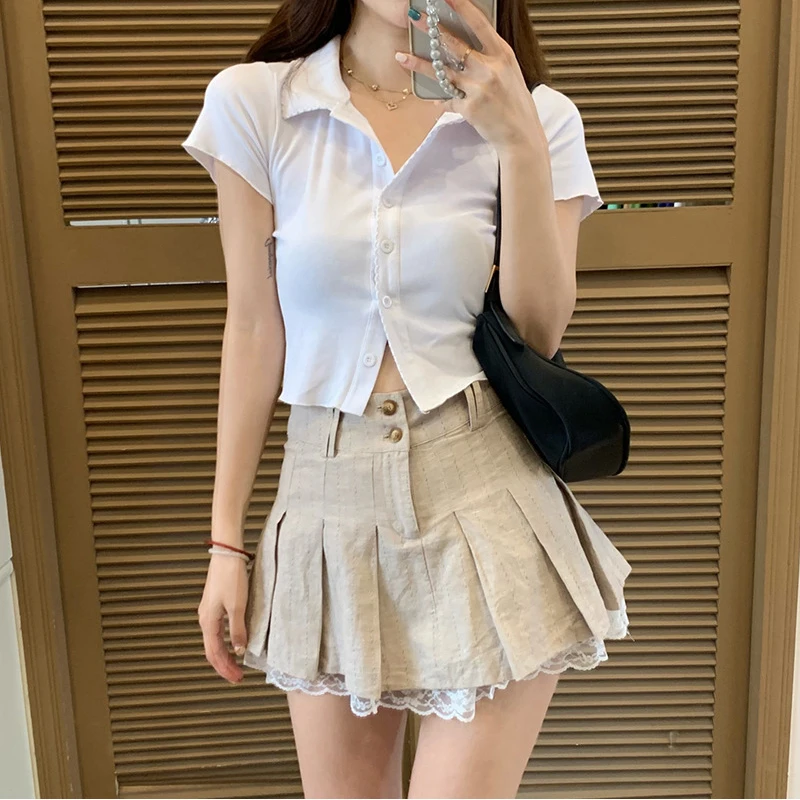 Korean Fashion Khaki Short Skirt Lace Trim Cute Pleated Skirts Womens Preppy Style Button Up High Waist Summer Skirt
Korean Fashion Khaki Short Skirt Lace Trim Cute Pleated Skirts Womens Preppy Style Button Up High Waist Summer Skirt