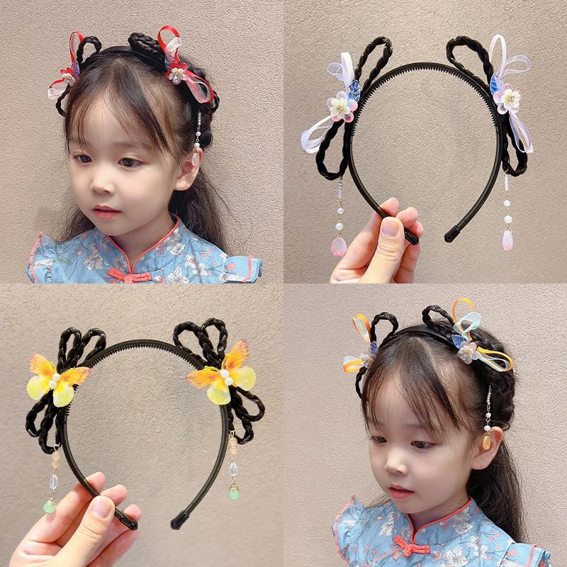 

Повязка на голову в китайском стиле для девочек, обруч с искусственными волосами для волос, детский аксессуар для волос ханьфу для косплея