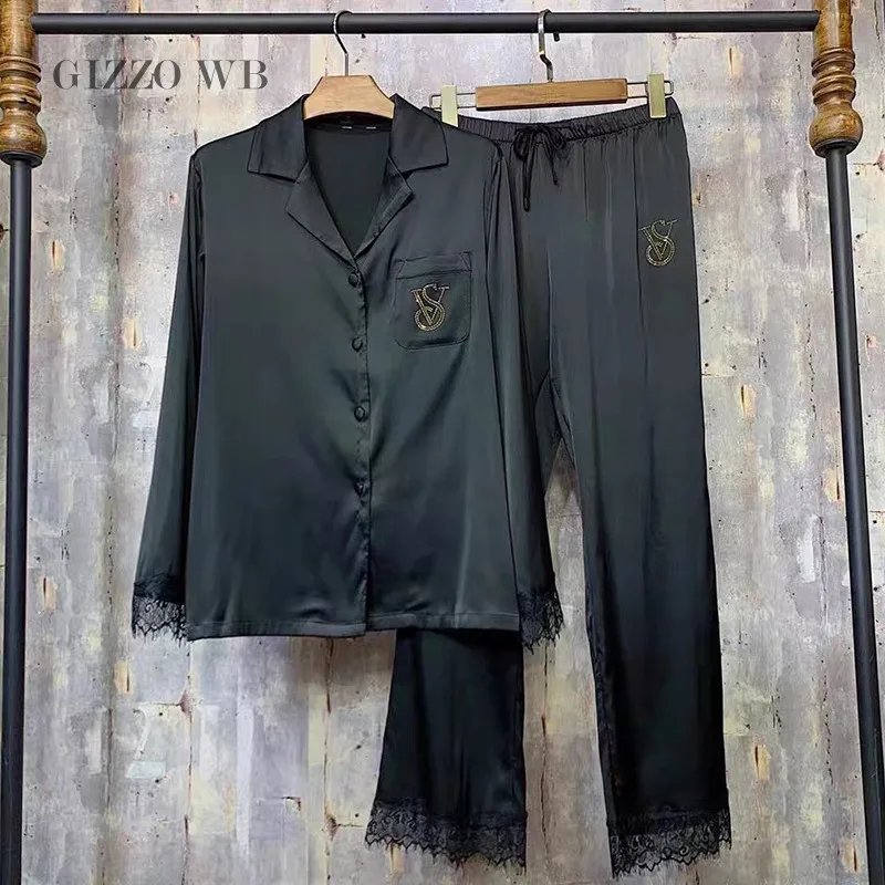 Sexy Ladies Silk Pajamas Pants Set Lace Satin Pajamas Two Pieces Spring Long Sleeve Solid Color Masonry Fashion Women Homewear
Sexy Ladies Silk Pajamas Pants Set Lace Satin Pajamas Two Pieces Spring Long Sleeve Solid Color Masonry Fashion Women Homewear