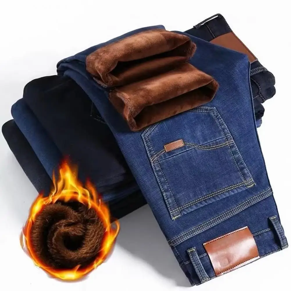 Men Winter Jeans Loose Thick Plush Elastic Multi Pockets Cold-proof Solid Color Mid Waist Men Winter Pants for Daily Wear
Men Winter Jeans Loose Thick Plush Elastic Multi Pockets Cold-proof Solid Color Mid Waist Men Winter Pants for Daily Wear
