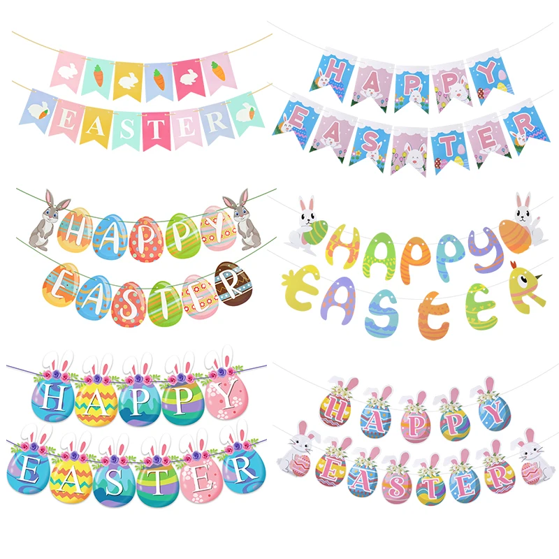 

Happy Easter Banner Paper Bunting Garland Egg Bunny Banners Pulling Flags DIY Party Decoration Baby Shower Supplies Easter Gift