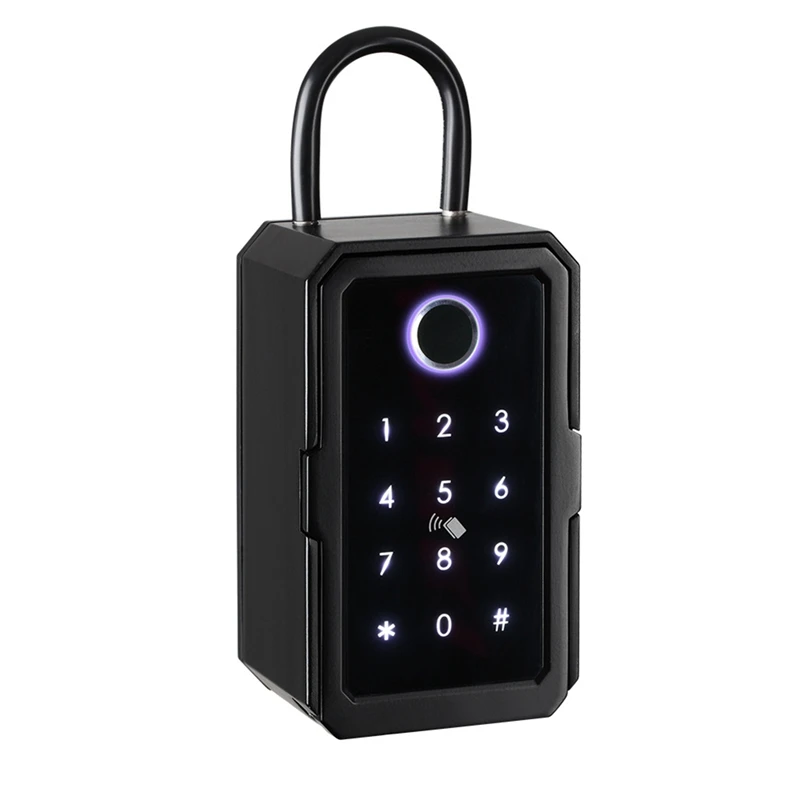 

Шкафчик для ключей с кодом, сейф для ключей из черного цинкового сплава для улицы/дома, сканер отпечатка пальца для дома/гаража/офиса (Bluetooth)