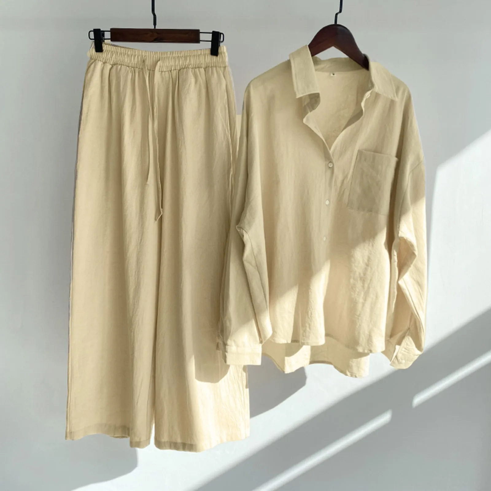 2 Pcs/Set Women'S Casual Solid Retro Plus Size Breathable Cotton Shirt High Waist Outfit Loose Pocket Drawstring Long Pant Suit
2 Pcs/Set Women'S Casual Solid Retro Plus Size Breathable Cotton Shirt High Waist Outfit Loose Pocket Drawstring Long Pant Suit