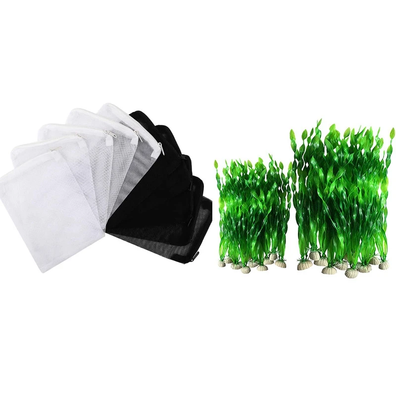 

40X Aquarium Filter Bags Media Mesh Filter Bags White And Black & 20PC Plastic Aquarium Fish Tank Plastic Plants (Green)