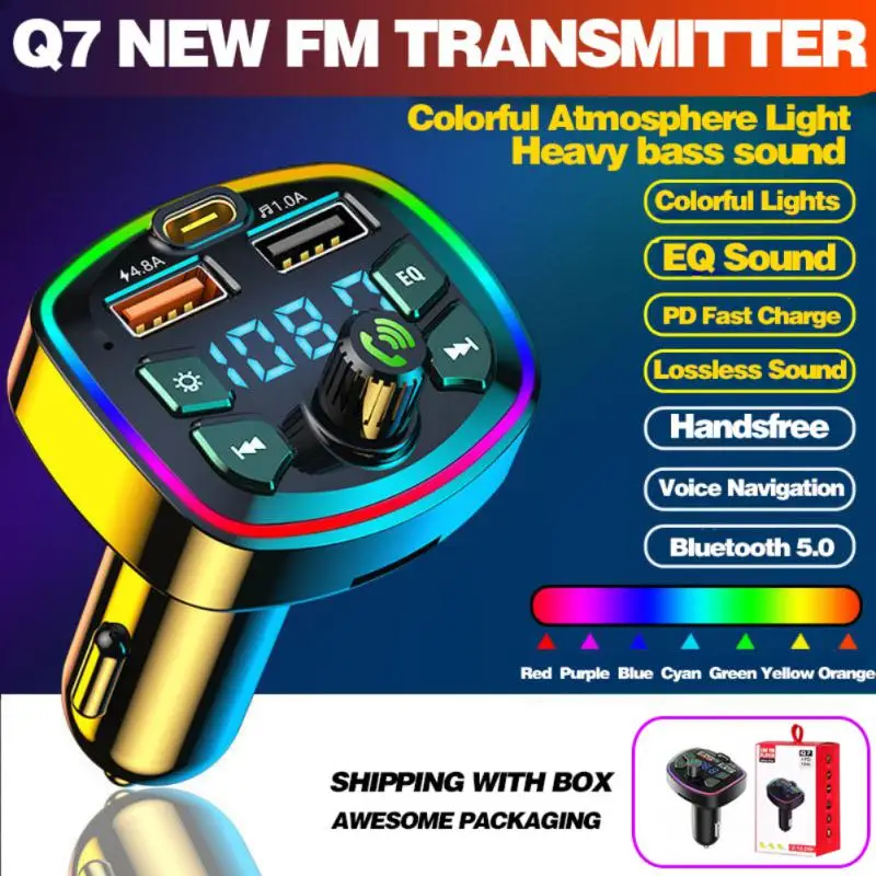 

Car Bluetooth 5.0 FM Transmitter 2 USB Type-C Charger Atmosphere Light Mp3 Player U Disk TF Card Lossless Music Hands-free Call