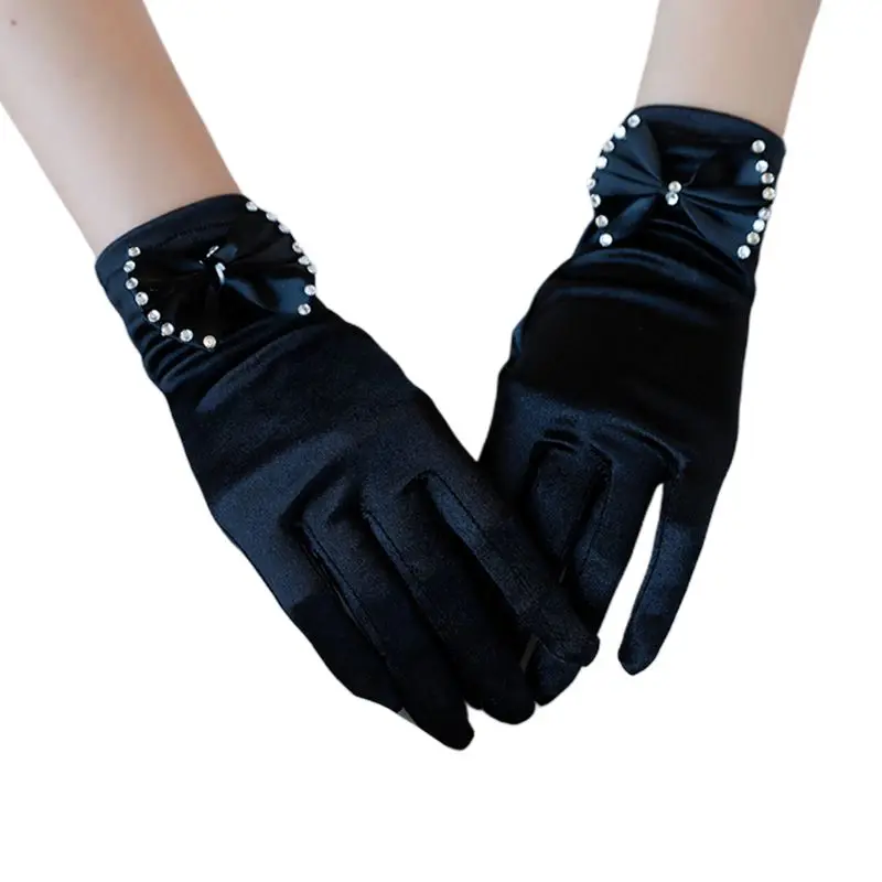 

Women Short Satin Gloves Elegant Princess for rhinestone Bowknot Mittens for Wedding Dinner Party Pageant Costume