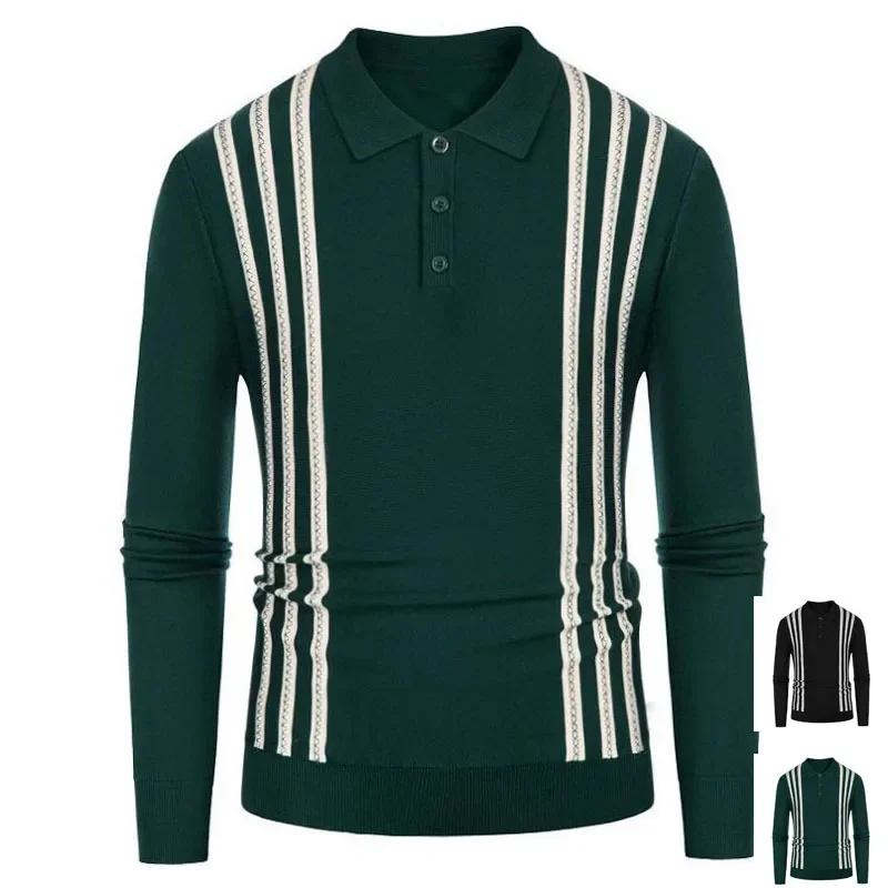 

Мужская Ретро-поло с пуговицами и длинным рукавом, трикотажная деловая Повседневная рубашка в контрастную полоску, в британском стиле, для осени, 2022