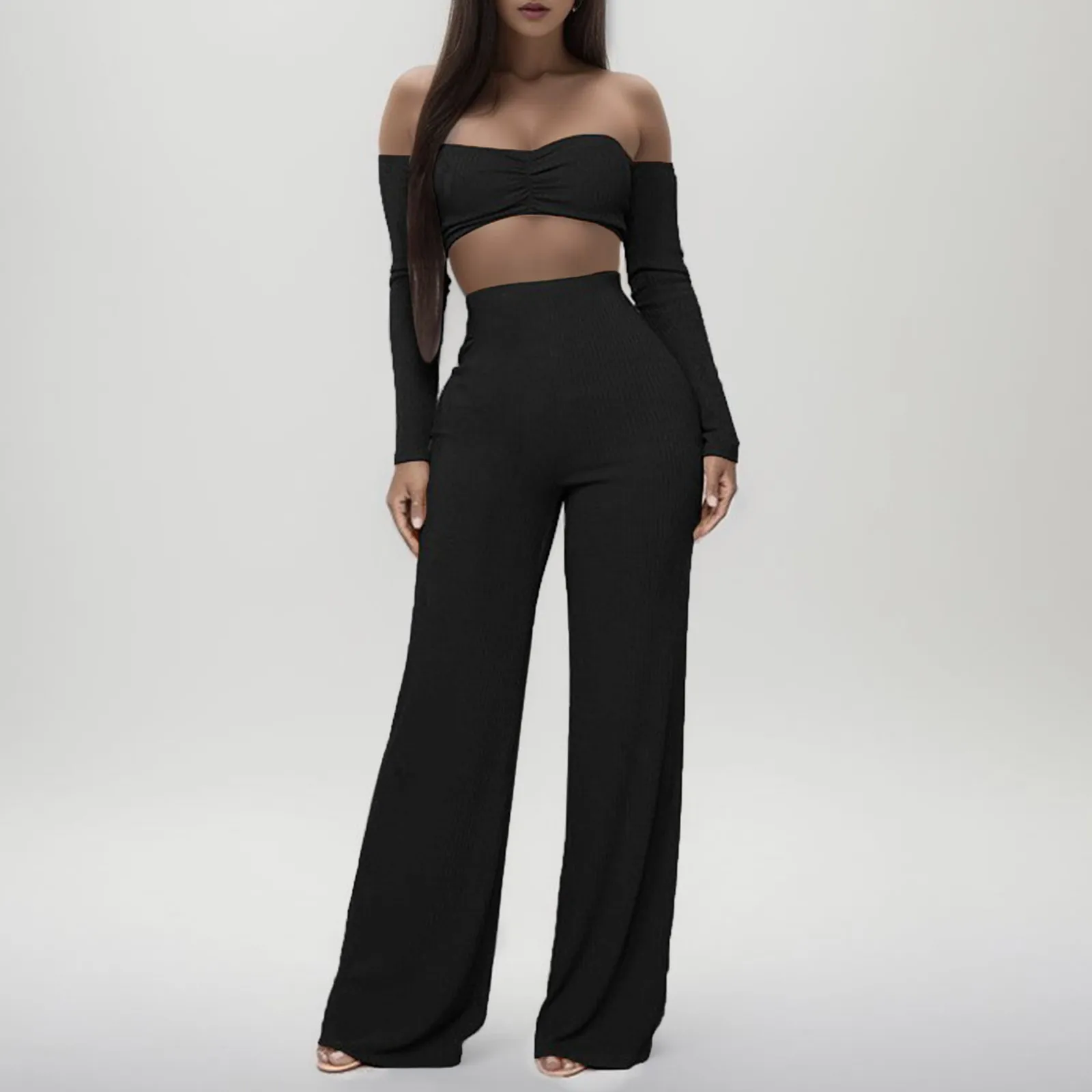 Women Sexy 2 Piece Outfits Rib Knitted Sets Long Sleeve Off Shoulder Crop Bodycon Top And Wide Leg Long Pants Solid Color Suit
Women Sexy 2 Piece Outfits Rib Knitted Sets Long Sleeve Off Shoulder Crop Bodycon Top And Wide Leg Long Pants Solid Color Suit
