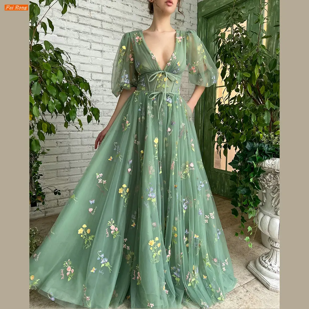 Fei Rong Boho V Neck Puff Sleeves Prom Dresses Robes De Soirée Lace Appliques Tulle A Line Women Party Dress платье на выпускной
Fei Rong Boho V Neck Puff Sleeves Prom Dresses Robes De Soirée Lace Appliques Tulle A Line Women Party Dress платье на выпускной