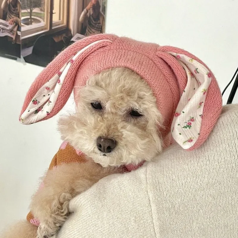 

INS Cute Rabbit Ears Pet Knitting Fall And Winter Warm Cat Puppy Bichon Teddy Head Cover Dog Accessories Warm Cold Dog Hats
