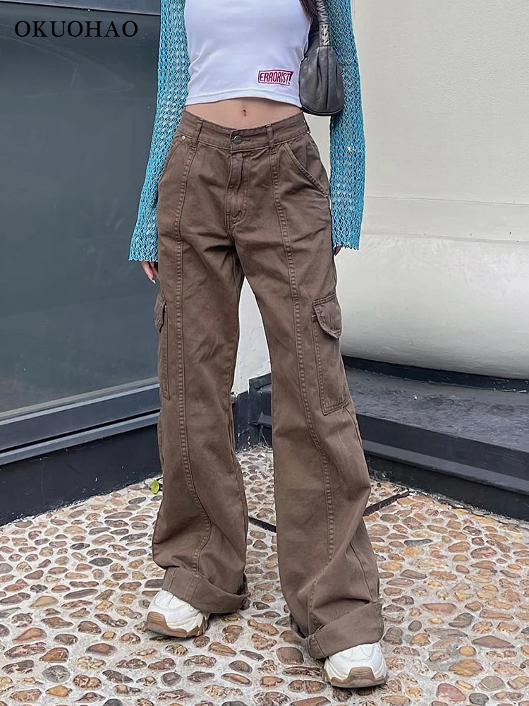 

Casual Cargo Pants Women 2022 Fall Winter Y2k High Waist Tooling Trousers Multiple Pockets Solid Baggy Straight Pants Streetwear