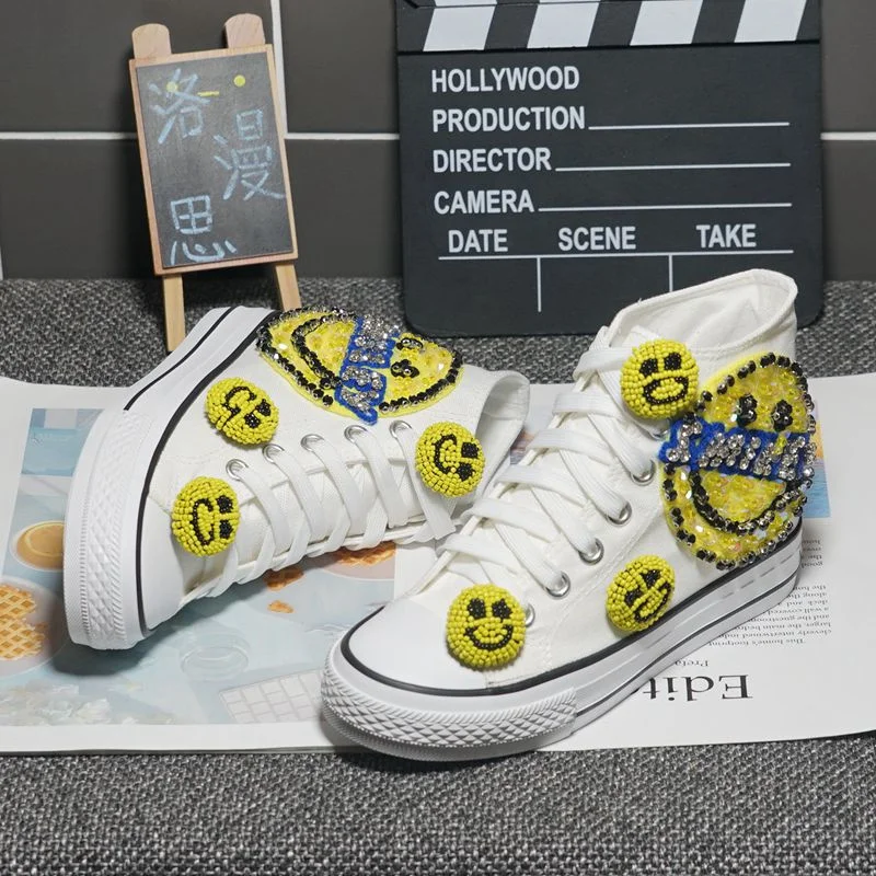 Heavy industry smiley female high-top canvas shoes handmade custom rhinestone thick bottom white all-match casual shoes 35-40
Heavy industry smiley female high-top canvas shoes handmade custom rhinestone thick bottom white all-match casual shoes 35-40