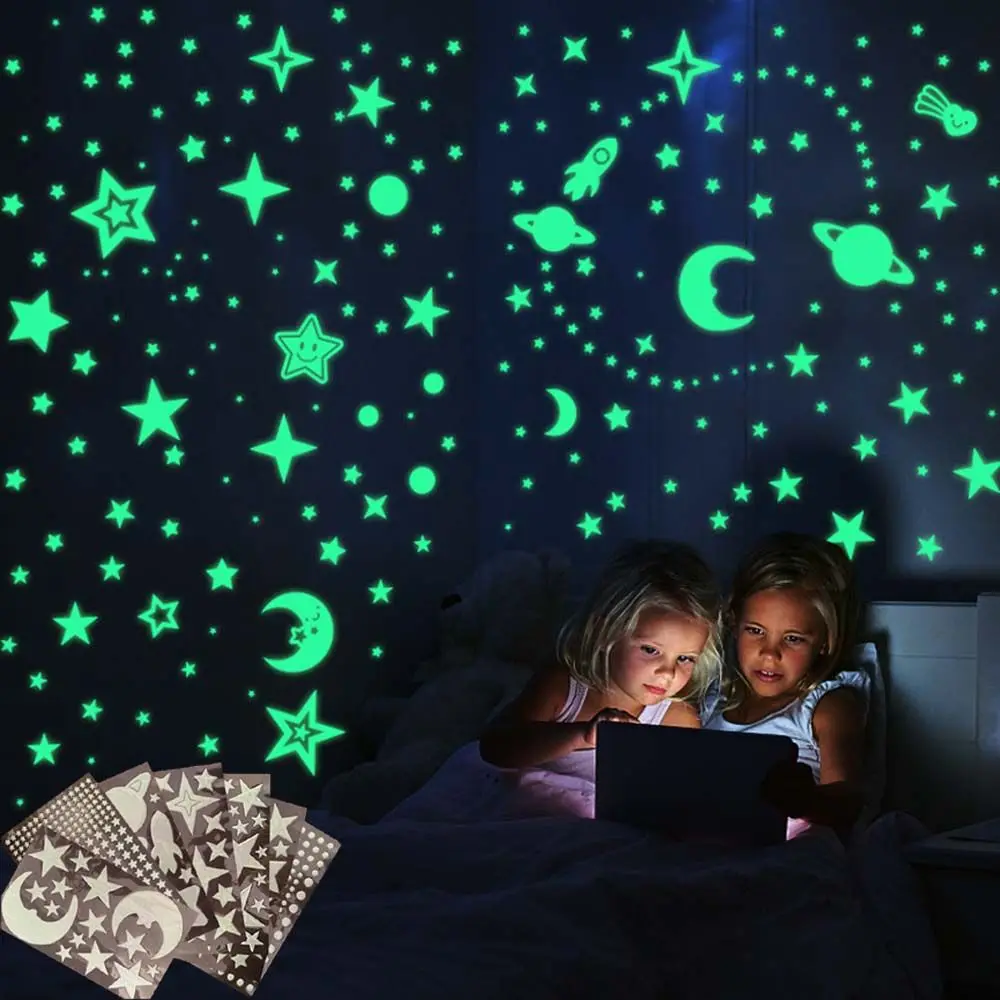 

3D Luminous Glow In Dark Decal Kids Room Fluorescent Bubble Sticker Wall Art Stars Dots Moon Universe Home Decoration DIY