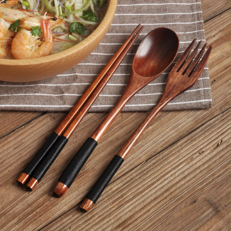 

3 Pieces Natural Wood Dinnerware Spoon Chopsticks Fork Dinner Portable Tableware Grain Handmade Household Kitchen Cutlery Set