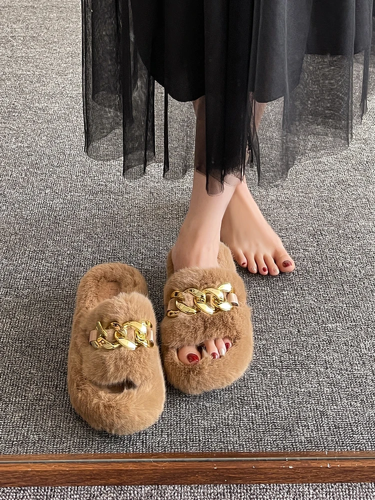 Женские плюшевые шлепанцы, зимние Шлепанцы из флока, на платформе, с заклепками и мехом, обувь для взрослых, 2023