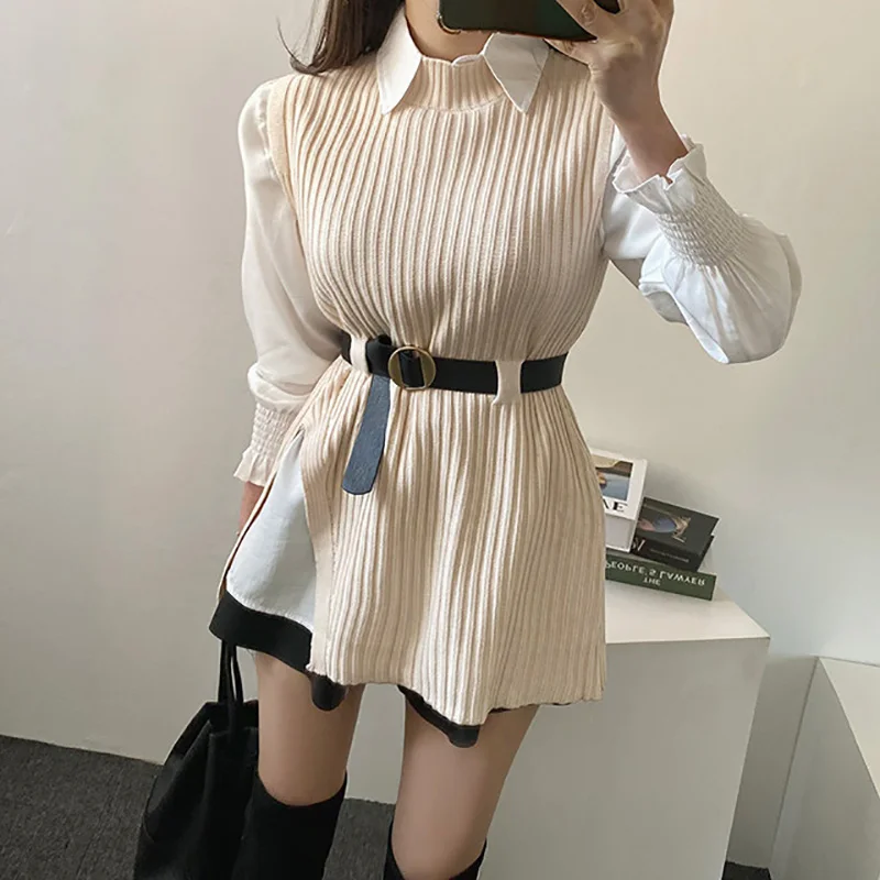 

Croysier Fall Winter Clothes Women 2021 Shirt And Sweater Vest Set With Belt Ribbed Knitted Pullover Sweater Vest Casual Jumper