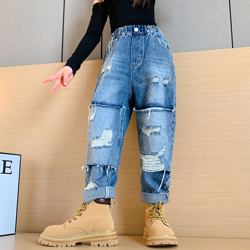 Ripped Jeans for Girls Autumn Blue Fashion Loose Teenage School Kids Straight Pant Casual All-match 13 14 Years Children Trouser
Ripped Jeans for Girls Autumn Blue Fashion Loose Teenage School Kids Straight Pant Casual All-match 13 14 Years Children Trouser