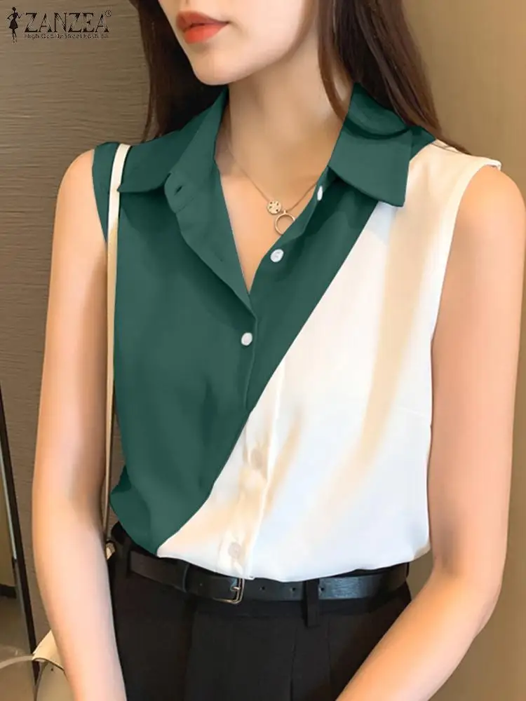 ZANZEA Summer OL Shirt Elegant Women Blouse Fashion Lapel Neck Sleeveless Tanks Tops Patchwork Tunic Casual Buttons Work Blusas
ZANZEA Summer OL Shirt Elegant Women Blouse Fashion Lapel Neck Sleeveless Tanks Tops Patchwork Tunic Casual Buttons Work Blusas