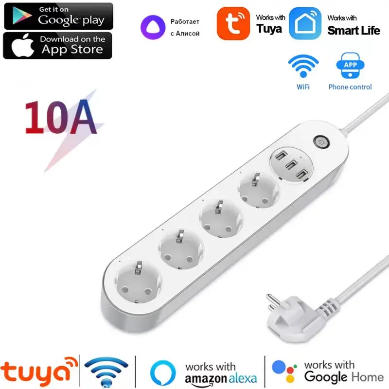 Tuya Wifi Smart Power Strip 4 EU/US Outlets Plug 3 USB Ports Socket Tuya/Smart Life App Timing Control Support Alexa Google Home
Tuya Wifi Smart Power Strip 4 EU/US Outlets Plug 3 USB Ports Socket Tuya/Smart Life App Timing Control Support Alexa Google Home