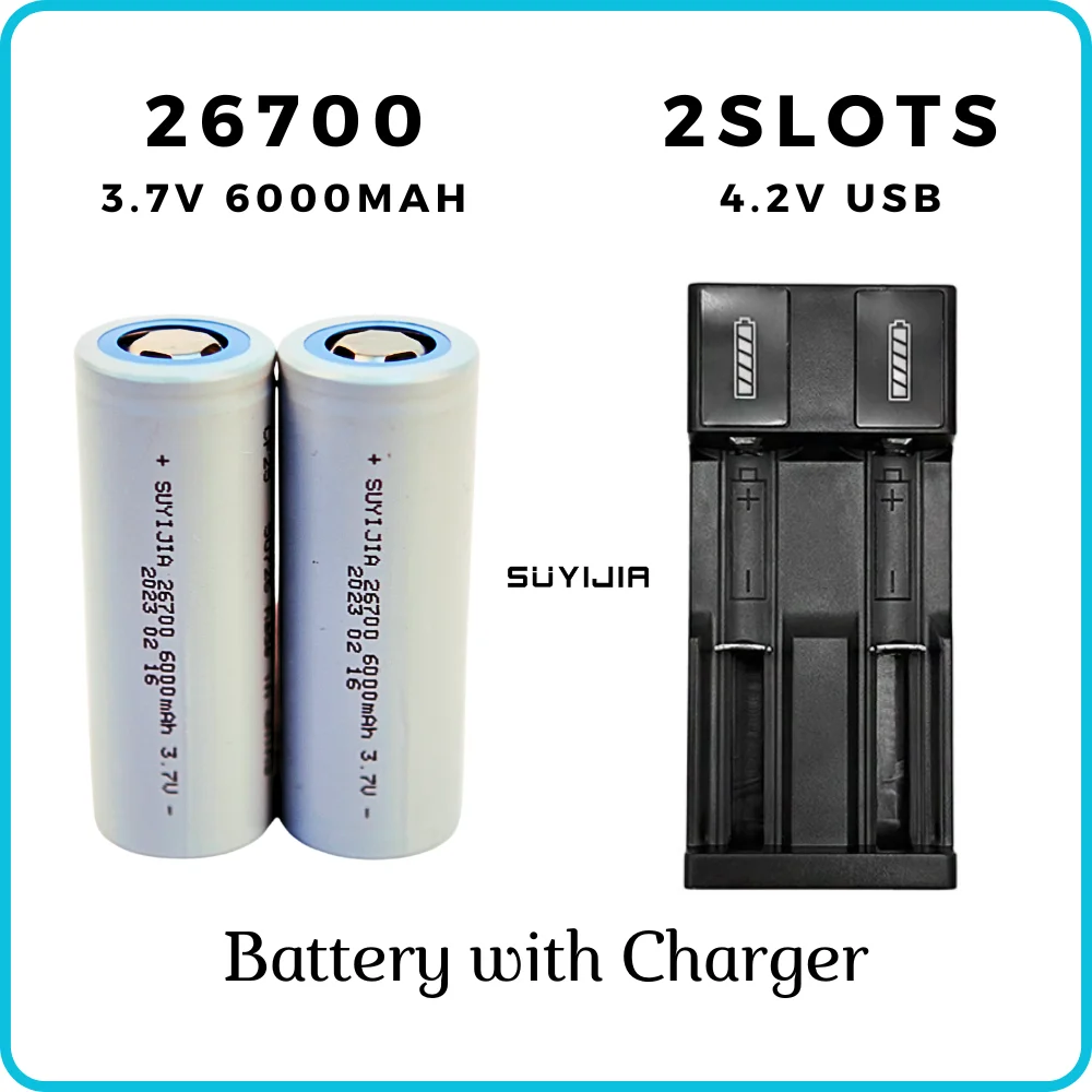 2Pcs 26700 Rechargeable Lithium Battery 3.7V 6000mAh High Power 20A with 2Slots 4.2V USB Charger for Flashlight Electric Bicycle
2Pcs 26700 Rechargeable Lithium Battery 3.7V 6000mAh High Power 20A with 2Slots 4.2V USB Charger for Flashlight Electric Bicycle