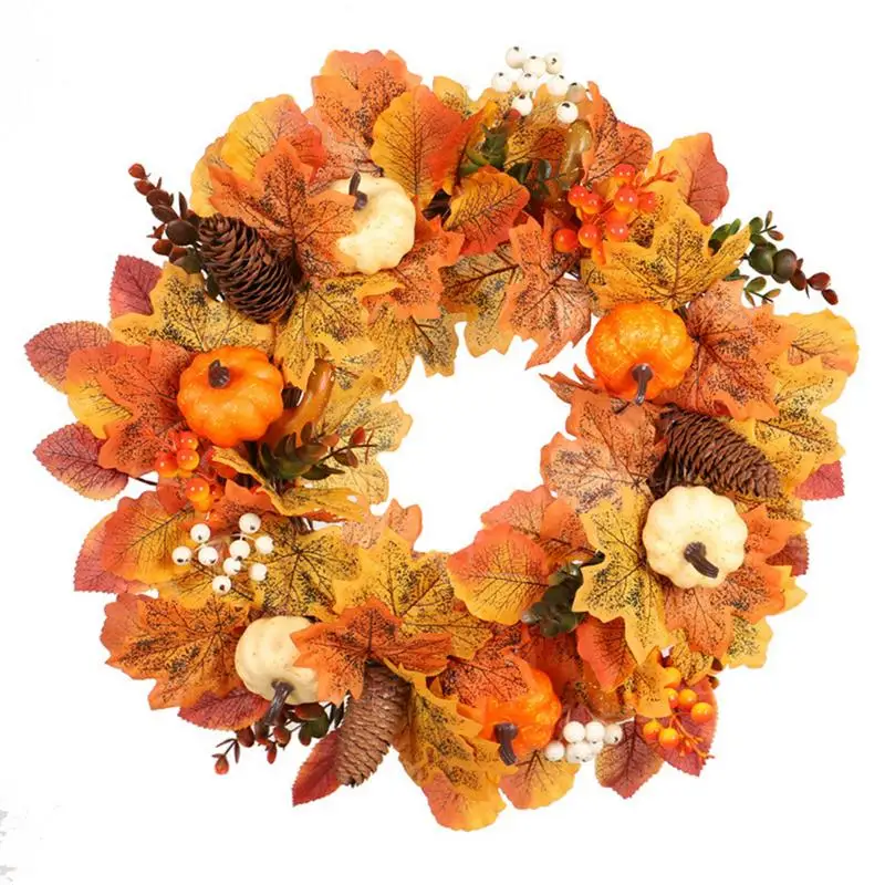 

Thanksgiving Door Wreath Artificial Fall Wreaths For Front Door 45cm/17.72inch Autumn Maples Leaf Pumpkin Pine Cone Berry