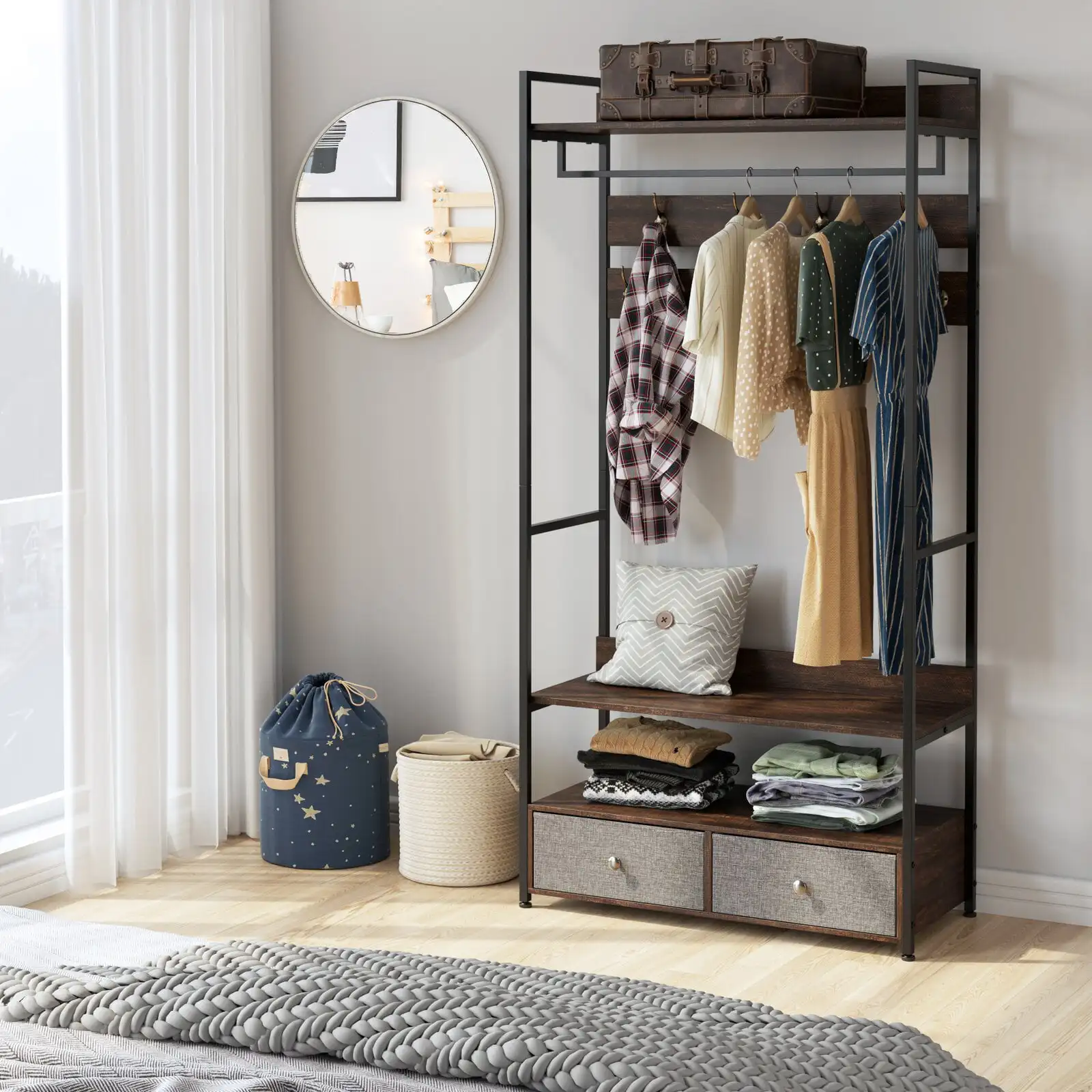 Clothes Racks, 35.4" Garment Racks with 9 and 2 Drawer Hangers, Hall Tree 5 in 1 Coat Rack with Shoe for Entryway Hallway, Esp
Clothes Racks, 35.4" Garment Racks with 9 and 2 Drawer Hangers, Hall Tree 5 in 1 Coat Rack with Shoe for Entryway Hallway, Esp