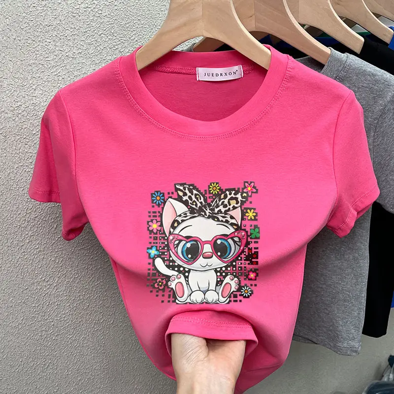 Укороченный женский топ, симпатичная облегающая хлопковая одежда с мультяшным принтом кота, футболка с графическим принтом в стиле Харадзю... 
Укороченный женский топ, симпатичная облегающая хлопковая одежда с мультяшным принтом кота, футболка с графическим принтом в стиле Харадзю...