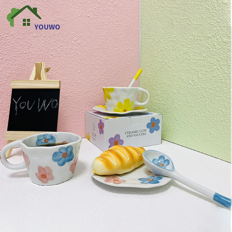 

300ml Hand-painted Flower Coffee Mug With Dish And Spoon Breakfast Oatmeal Ceramic Milk Mug Set Home Espresso Cup Juice Teacup