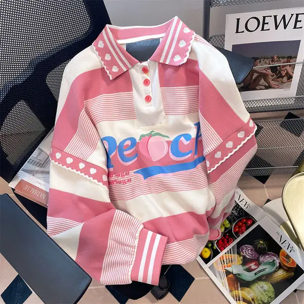 Striped love fake two-piece set women sweater high quality lapel polo shirt girls aesthetic kawaii shoulder tops
Striped love fake two-piece set women sweater high quality lapel polo shirt girls aesthetic kawaii shoulder tops