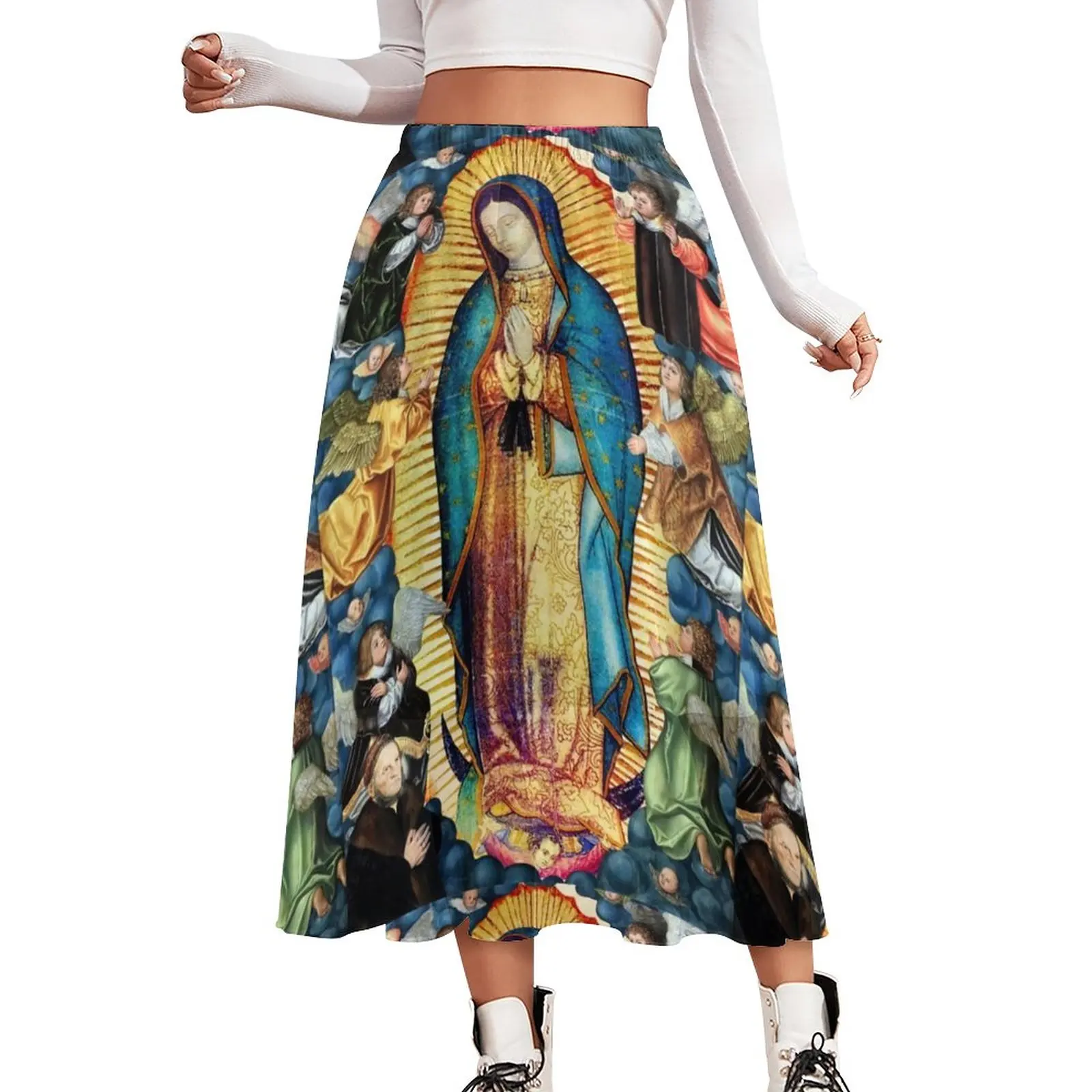 

Guadalupe Virgin Mary Chiffon Skirt Cute Angels Aesthetic Casual Skirts Woman Kawaii Boho Skirt Print Clothes Gift Idea