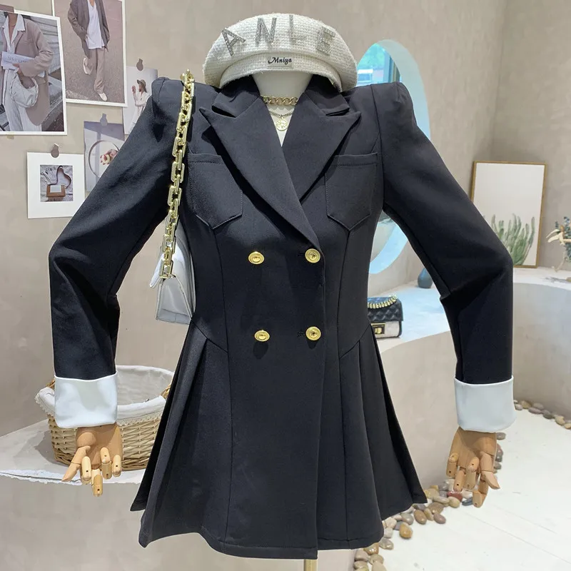 

New in Women's Clothing 2023 Spring college style double-breasted pleated versatile slim Western-style clothes suit dress