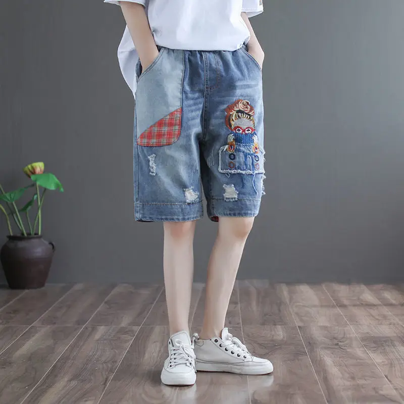 Arts Style New Arrival Summer Women Cotton Denim Patchwork Knee Length Pants Elastic Waist Loose Straight Casual Jeans P278
Arts Style New Arrival Summer Women Cotton Denim Patchwork Knee Length Pants Elastic Waist Loose Straight Casual Jeans P278
