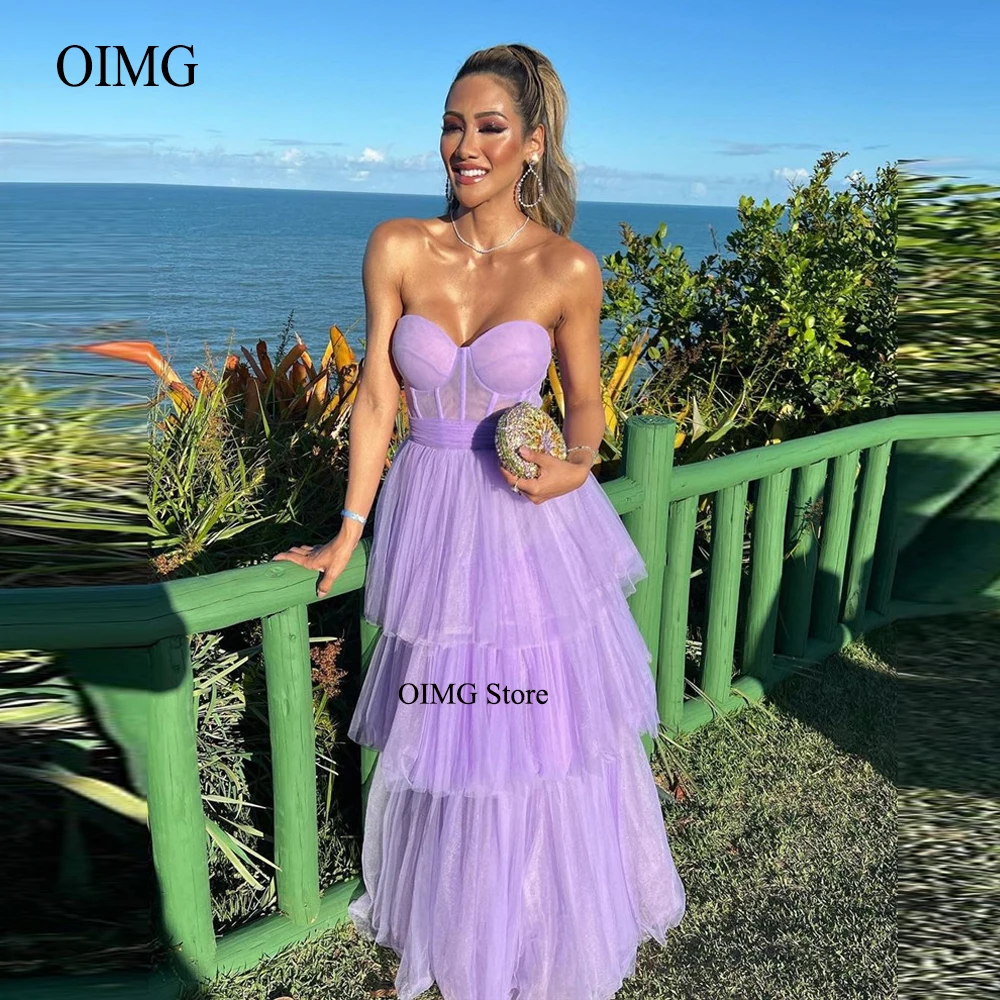 

OIMG Elegant Lavender Tulle Long Prom Dresses Sweetheart Tiered Boning Beach Party Dress Evening Formal Gowns Robe de soiree