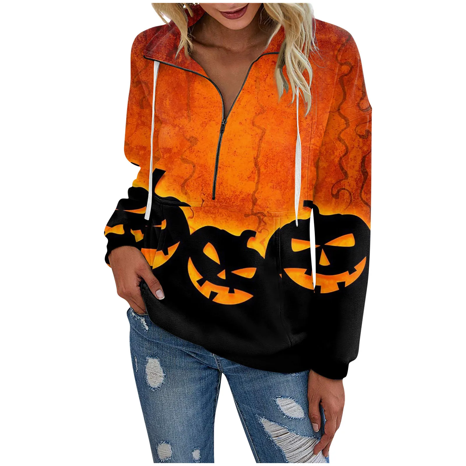 Женская модная повседневная толстовка на молнии с длинным рукавом и принтом на Хэллоуин, Свободный пуловер с кулиской, толстовка, свитер в уличном стиле
Женская модная повседневная толстовка на молнии с длинным рукавом и принтом на Хэллоуин, Свободный пуловер с кулиской, толстовка, свитер в уличном стиле
