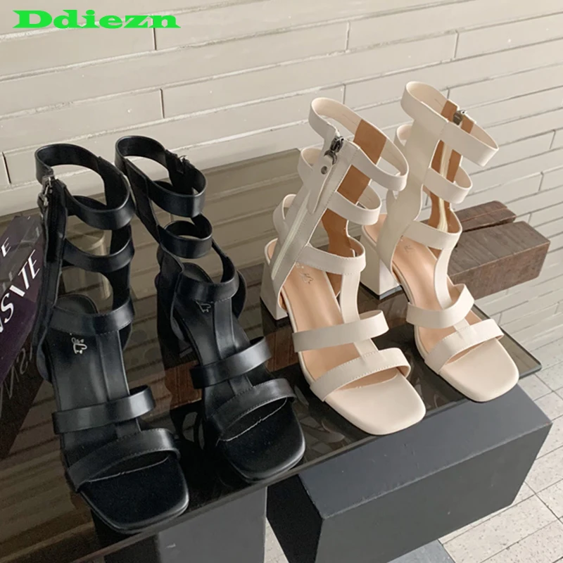 

2023 Women Sandals Boots Pumps Gladiator Female Shoes High Heels New Zipper Fashion Square Toe Casual Outside Ladies Sandal