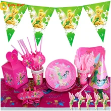 Disney Princess Tinkerbell Bell Disposable Tableware Baby Shower Tinker Bell Birthday Party Plate Cups Straw Napkin Decoration