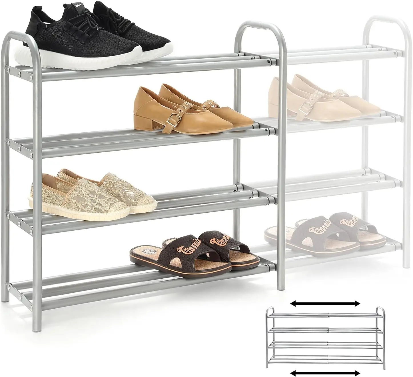 

Organizador de Zapatero Extensible de 4 Niveles,El Estante de Metal Resistente Organiza con Capacidad Para 20 Pares de Zapatos,