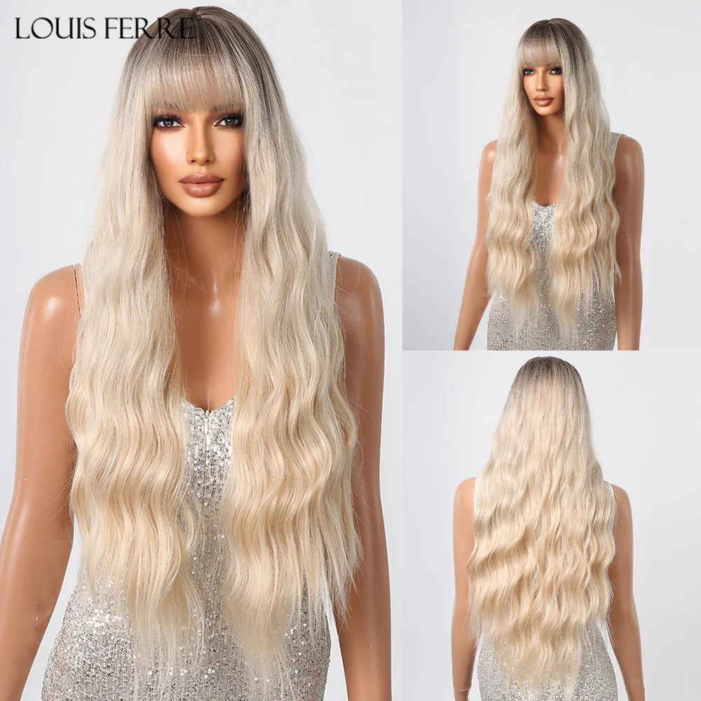 

LOUIS FERRE Long Wavy Synthetic Wigs With Bangs Light Blonde Ombre Natural Hair Wig for Women Daily Cosplay Heat Resistant Hair