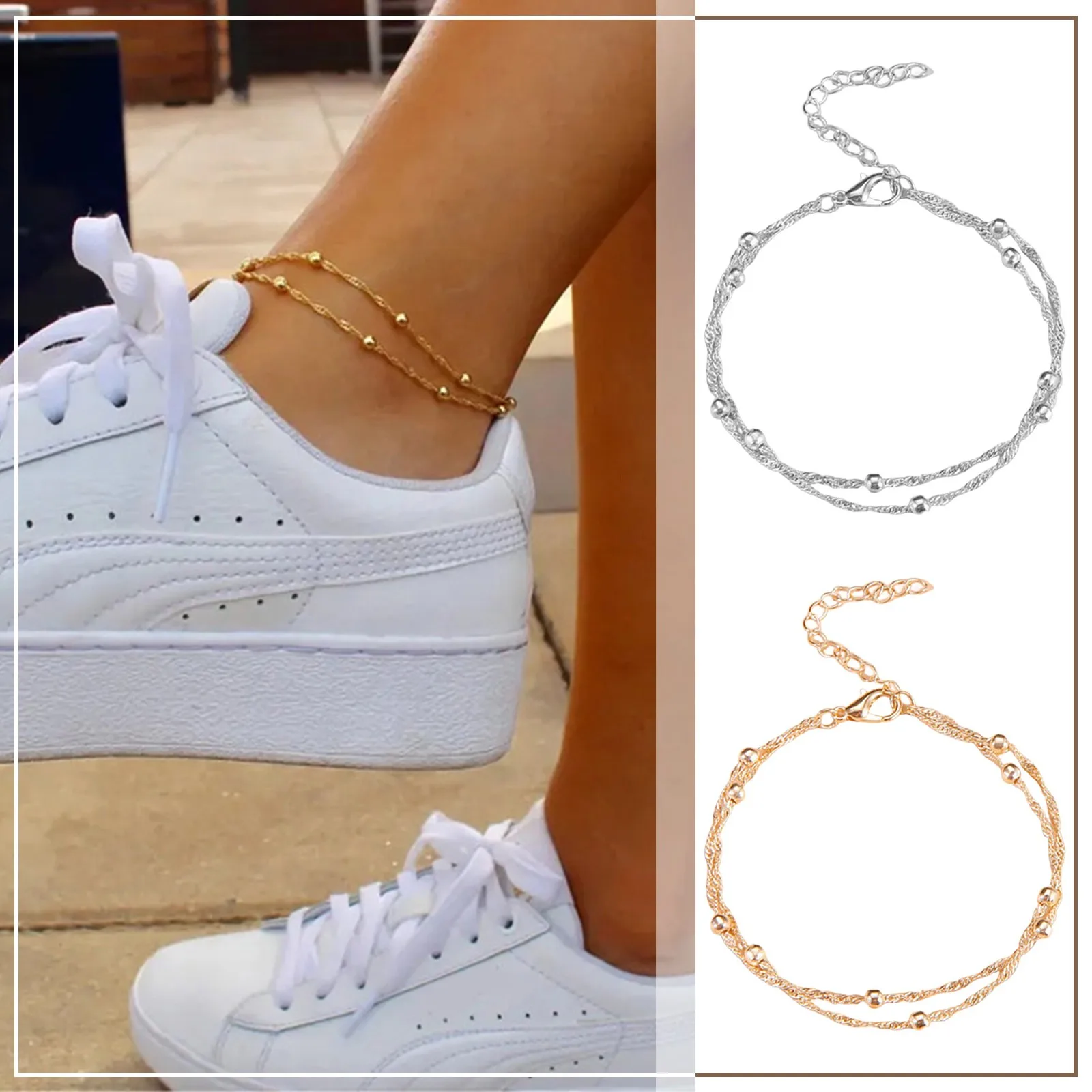 Elegant Minimalist Copper Satellite Chain Foot Jewelry With Wave Pattern And Double Layered Bead Chain Versatile Foot Chain 
Elegant Minimalist Copper Satellite Chain Foot Jewelry With Wave Pattern And Double Layered Bead Chain Versatile Foot Chain