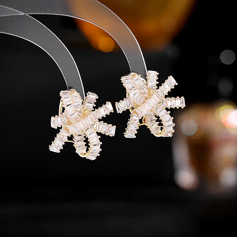 

Zircons Sparkling Cubic Zirconia Inlay Bowknot Shape Big Rose Gold Color Stud Earrings for Women Fashion Jewelry S925 Silver