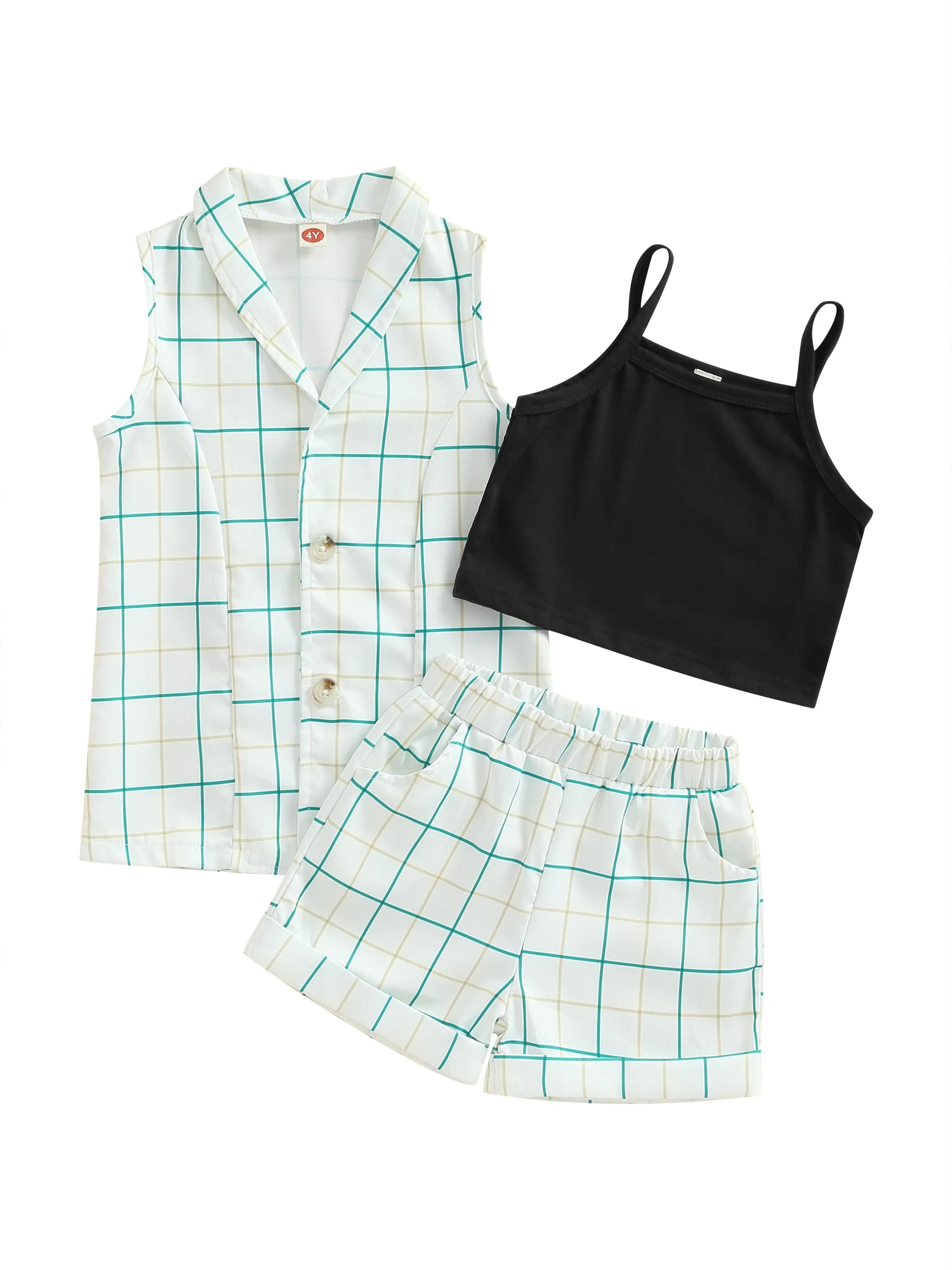 Stylish 3-Piece Summer Outfit for Girls Cami Tank Top Plaid Waistcoat and Elastic Waist Shorts with Turn-Down Collar -
Stylish 3-Piece Summer Outfit for Girls Cami Tank Top Plaid Waistcoat and Elastic Waist Shorts with Turn-Down Collar -