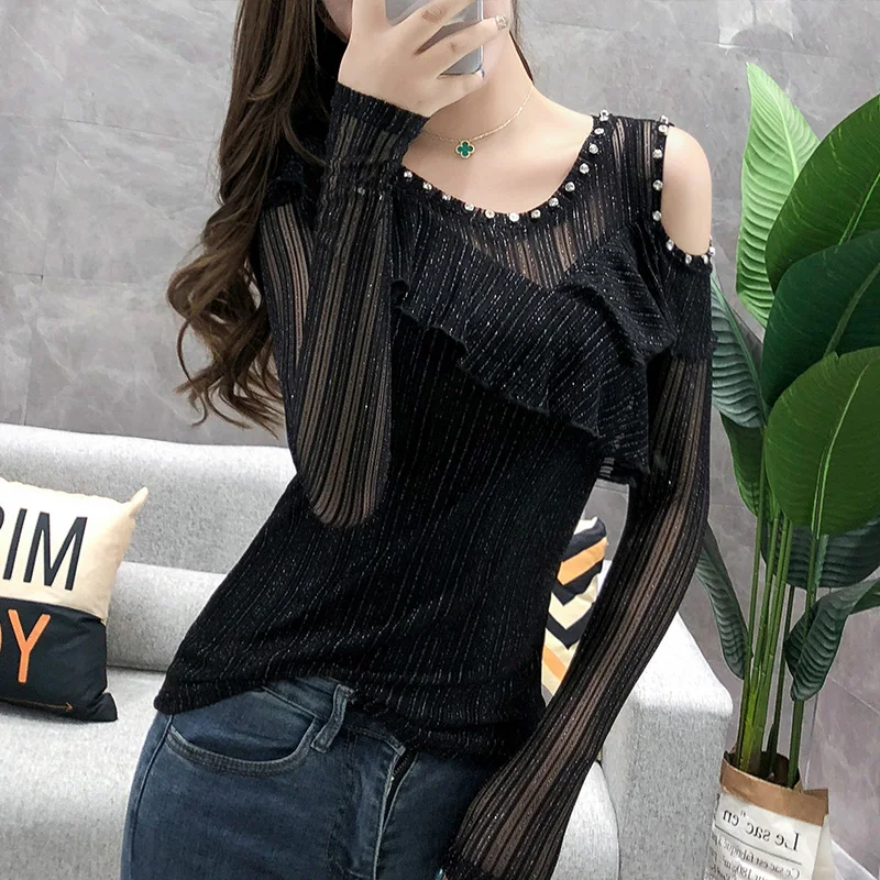 Fall Winter European Clothes Mesh T-Shirt Fashion Sexy Hollow Out Shiny Rivet Women Tops Long Sleeve Elastic Force New Tees 9395
Fall Winter European Clothes Mesh T-Shirt Fashion Sexy Hollow Out Shiny Rivet Women Tops Long Sleeve Elastic Force New Tees 9395