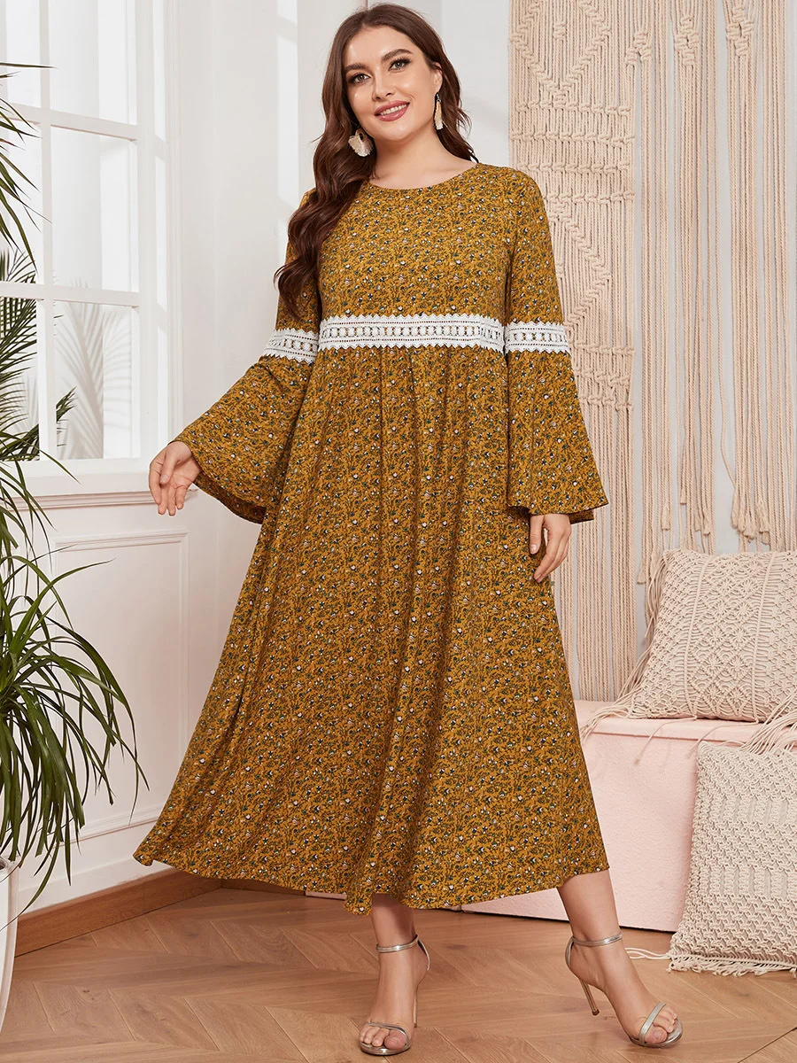 Plus Size Women's Flare Sleeves Fashion New Lace Casual Round Neck Loose Long Sleeve Waist Pleated Print Dress
Plus Size Women's Flare Sleeves Fashion New Lace Casual Round Neck Loose Long Sleeve Waist Pleated Print Dress