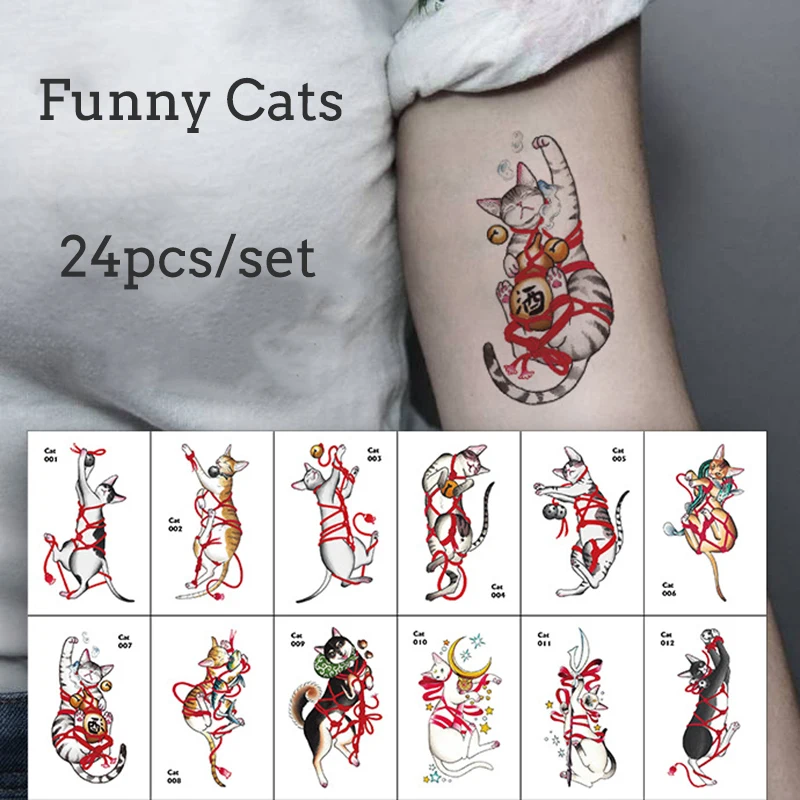 

Наклейки-тату с героями мультфильмов 48 листов/набор милых и веселых кошек, водонепроницаемые и устойчивые к поту временные татуировки
