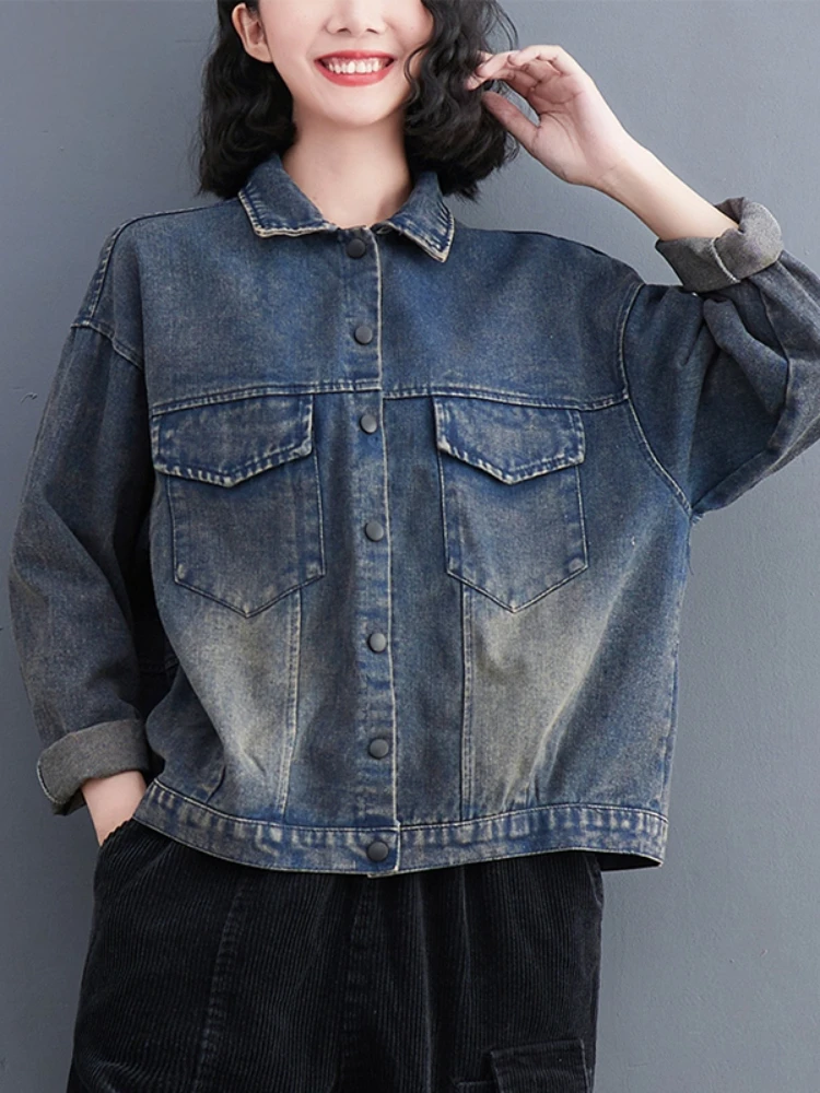 

Fitaylor новая весенняя ВИНТАЖНАЯ ДЖИНСОВАЯ КУРТКА женская уличная однобортная джинсовая куртка с отворотом Женская Повседневная Свободная короткая верхняя одежда