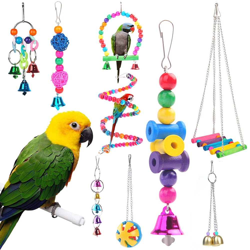 

Parakeet Chewing Training Toy Parrot Cage Bells Perch Ladder Toy Small Parrot Hanging Swing Hammock Combination Bird Toys Set