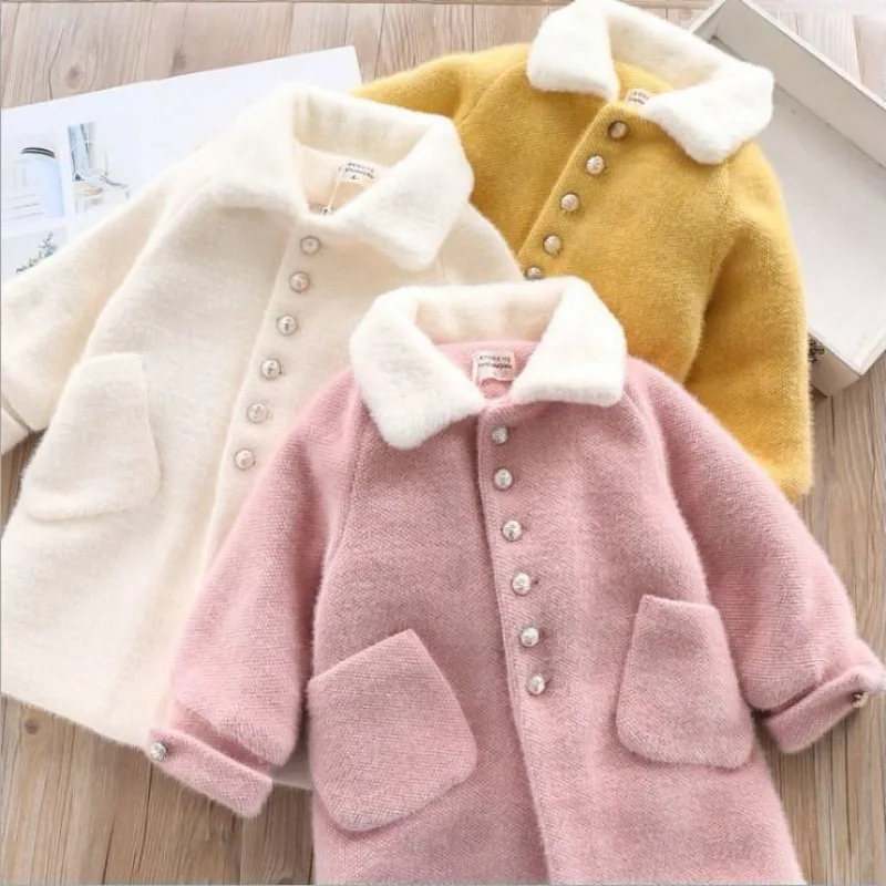 

Imitation Mink Velvet Long Coat Girls Autumn Winter Warm Loose Wool Blends Jacket Kids Korean Fashion Fleece Overcoat