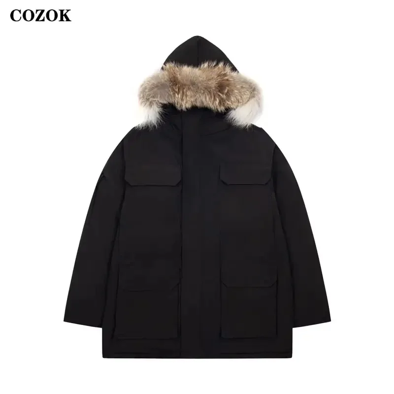 

2023 Cozok Canada LuxBrand Classic Winter Women's Coat, 90 Goose Down Men's Jacket, Provides Heavy Warmth, Wolf Fur Hood Collar