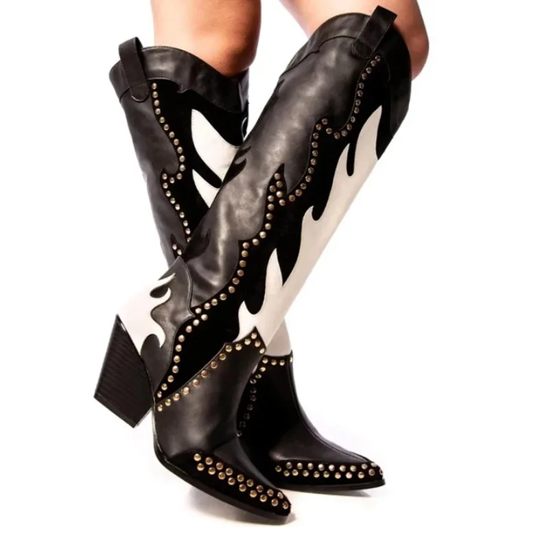 Cool Patchwork Slip-on Punk Boots Knee High Boots Women Pointed Toe Rivets Decorated Winter Long Boots Ladies Chunky Heels Boots
Cool Patchwork Slip-on Punk Boots Knee High Boots Women Pointed Toe Rivets Decorated Winter Long Boots Ladies Chunky Heels Boots