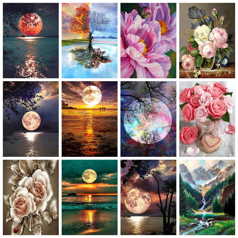

Алмазная 5D картина «сделай сам», полная круглая мозаика в виде Луны, дерева, ландшафта, цветов, вышивка стразами, искусство, предметы интерьера